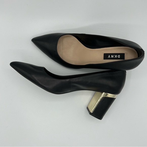 DKNY Black Leather Block Heels Pointed Toe Pumps US Size 7 - Picture 2 of 10